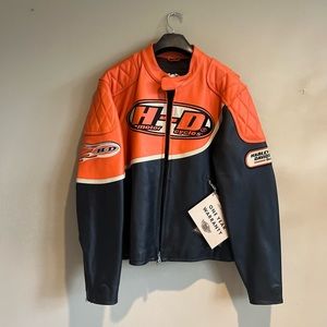 New With Tags Harley Davidson Motorcycle Leather Jacket Orange Black Large